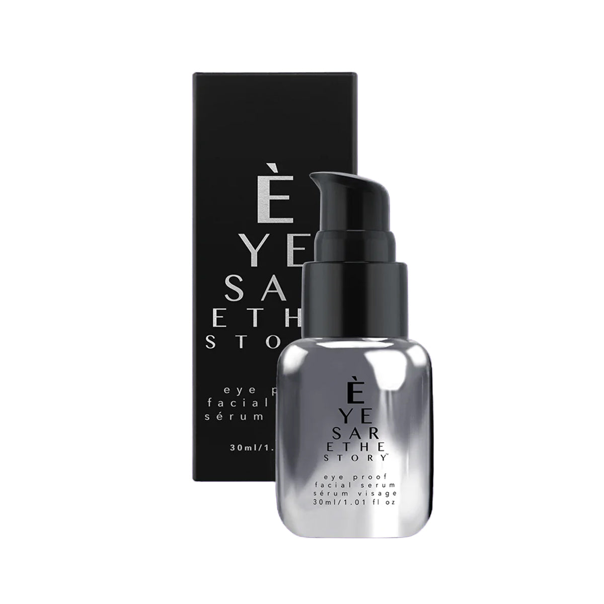 A sleek black and silver 30ml bottle of Eyes are the Story, Eye Proof Serum featuring Resveratrol and a pump sits in front of its matching black box. It promises a rejuvenated appearance for your eyes.