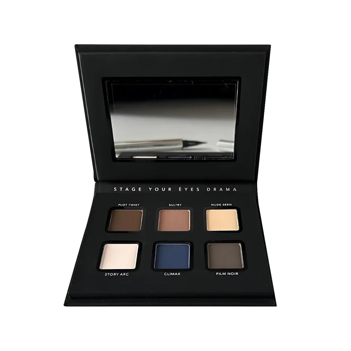 The Eyes are the Story Eyeshadow Palette (6 Colors) by Eyes are the Story features six high-pigment, blendable shades in nude, brown, and blue tones. It includes a built-in mirror for seamless application and is labeled Stage Your Eyes Drama.