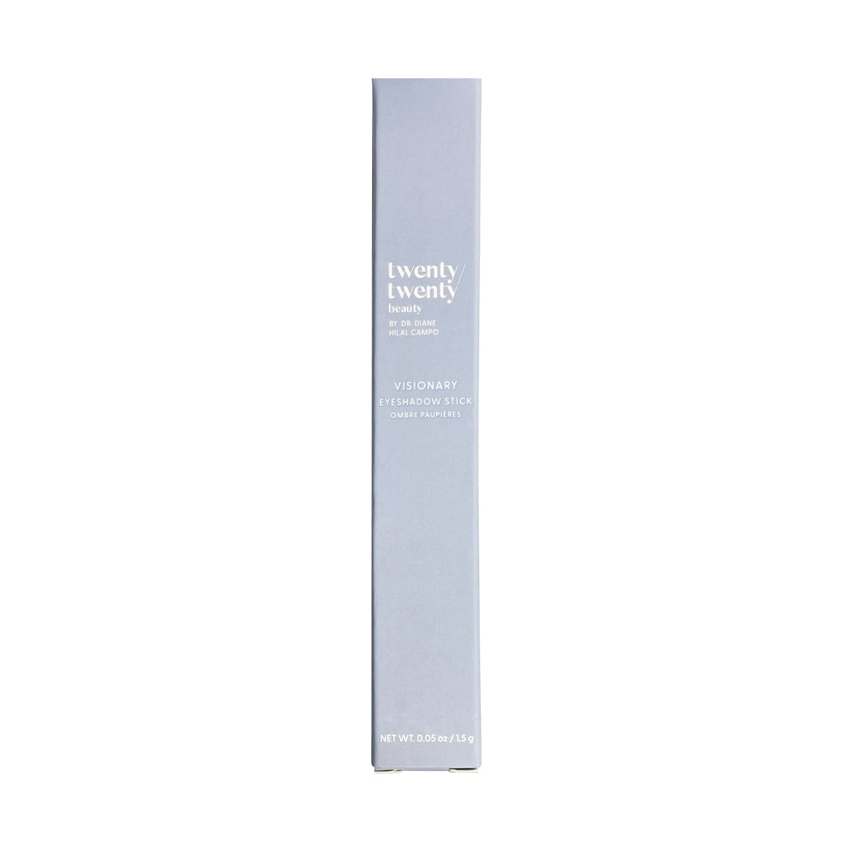 A tall, slim rectangular box in pastel lavender with Twenty Twenty and Visionary Eye Shadow Stick (Oil Based, no Flakes) in crisp white. Ophthalmologist-tested for dry eye treatment, this sleek packaging offers more than just makeup elegance.