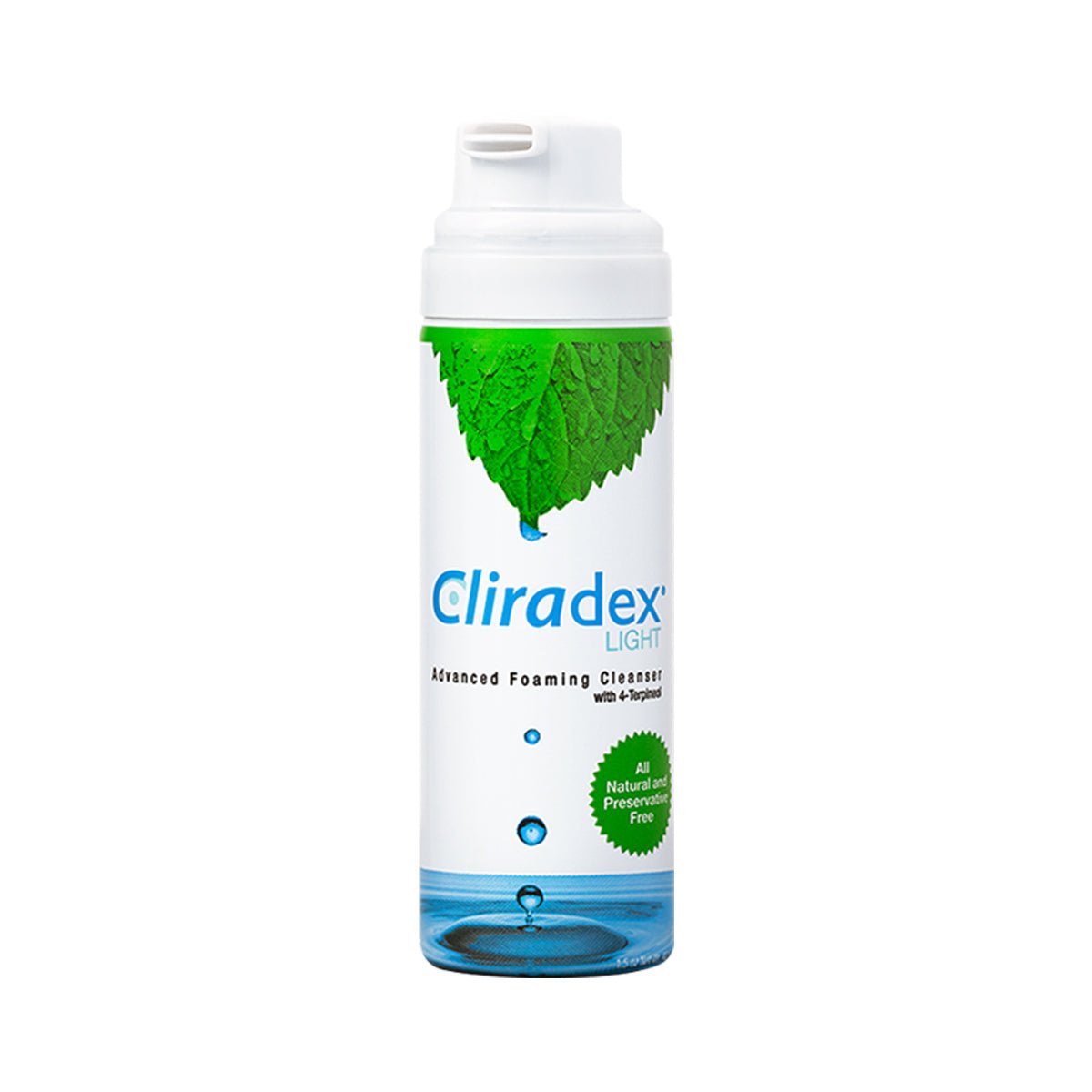 The image displays Cliradex Light Foam, an eyelash and eyelid cleanser by PRN. This advanced tea tree oil extract foam has a preservative-free, all-natural formulation. The white packaging with green accents features leaf and water images highlighting its optimal ocular hygiene benefits.