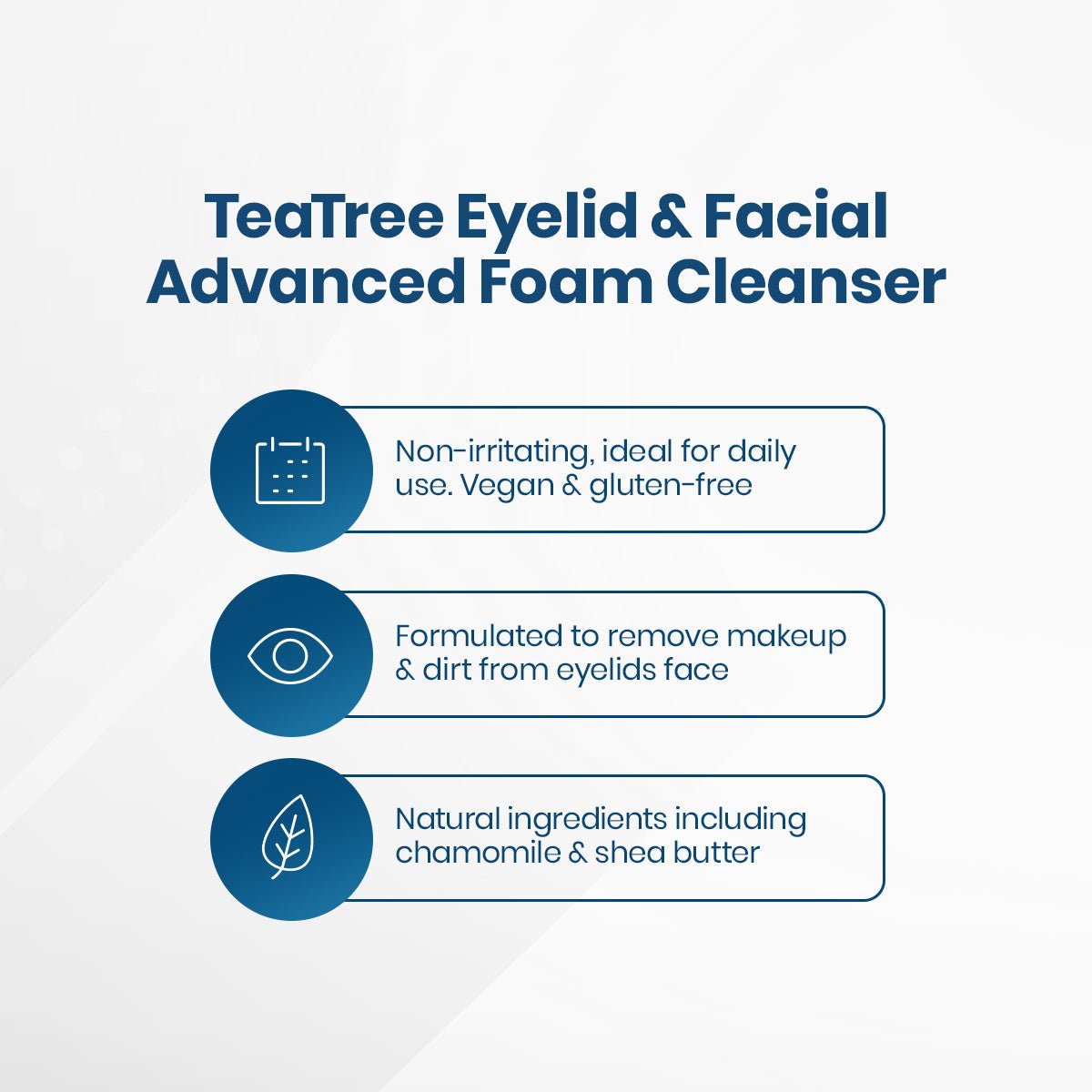 Infographic titled TranquilEyes - Advanced Formula 2% Tea Tree Eyelid and Facial Cleanser (2-Pack) by PRN. Ideal for sensitive skin, its non-irritating, vegan, gluten-free; removes makeup and dirt. Contains natural ingredients such as chamomile and shea butter for gentle care.