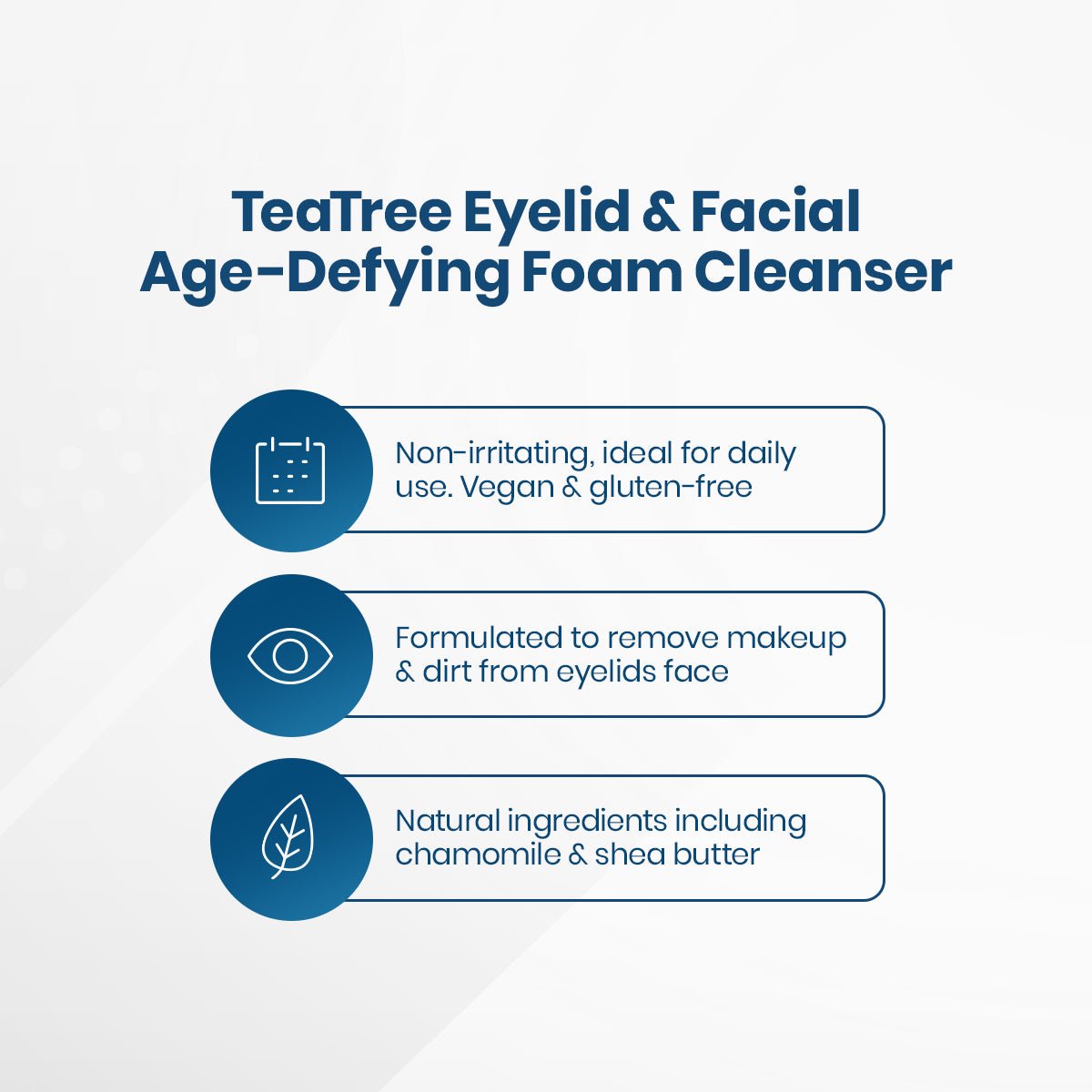 Promotional graphic for TranquilEyes Age-Defying 1% Tea Tree Eyelid & Facial Cleanser by PRN shows benefits: non-irritating, vegan, and gluten-free; removes makeup and dirt; enriched with tea tree oil, chamomile, and shea butter to reduce dark circles and puffiness while hydrating skin.