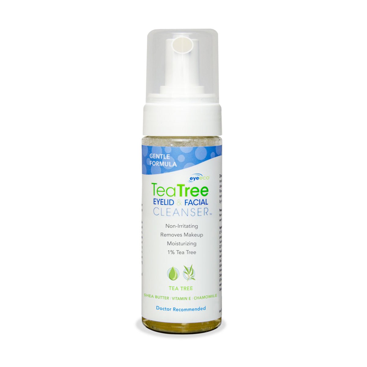 The EyeEco Gentle Formula Tea Tree Eyelid & Facial Cleanser by PRN is available in 1.69oz and 6.09oz pump dispensers, with a gentle formula containing 1% tea tree, perfect for sensitive skin. It removes makeup while moisturizing with shea butter, vitamin E, and chamomile.