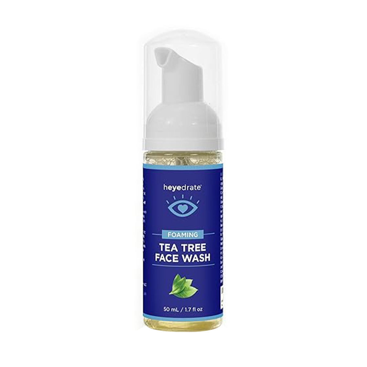 A Heyedrate Foaming Tea Tree Face Wash (1.7oz) by PRN - Physician Recommended Nutriceuticals, features a blue label with a white eye logo and small green leaf image. It has a white dispenser with a clear cap, offering botanical-rich freshness in every pump.