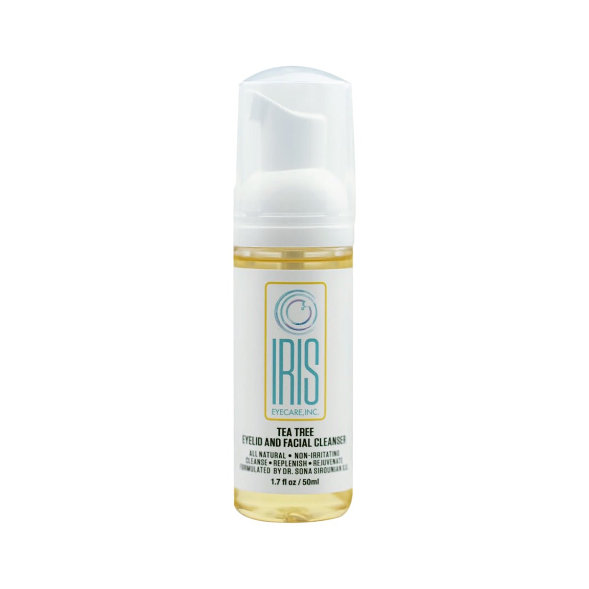 The 50mL IRIS Tea Tree Cleanser Foam for Eyelids by Iris Eyecare has a white body with a transparent base showing the yellow liquid, complete with a pump dispenser. Its label emphasizes hydrating and soothing properties.