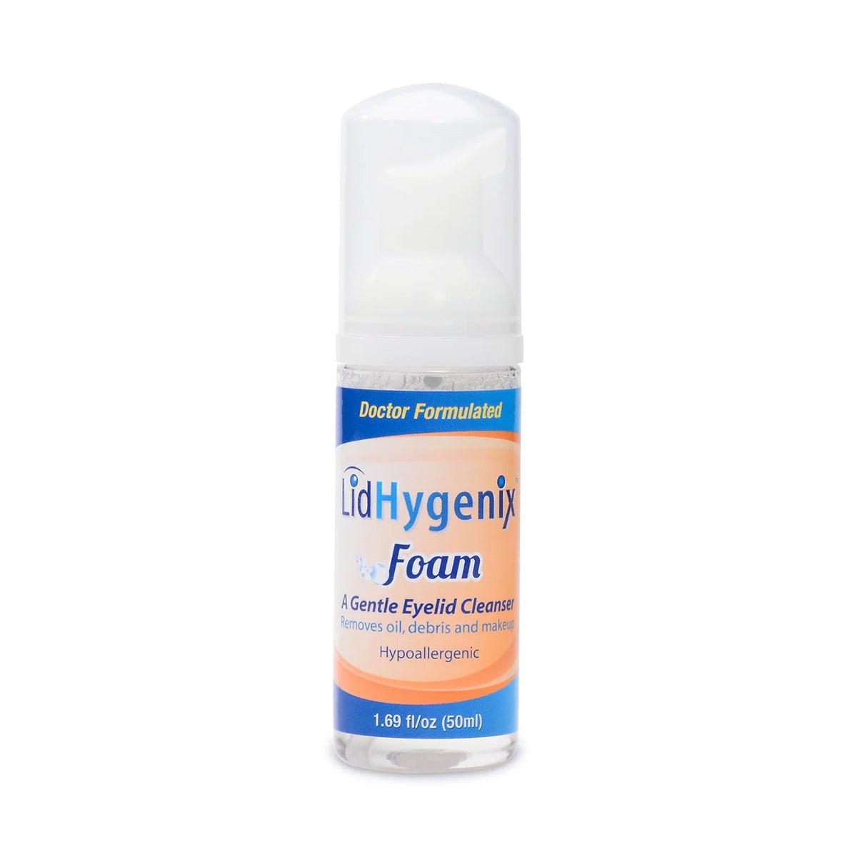 A 1.69 fl oz (50 ml) bottle of LidHygenix Gentle Foam Eyelid Cleanser features a convenient pump, is doctor-formulated, hypoallergenic, and effectively removes oils, debris, and makeup for optimal lid hygiene.