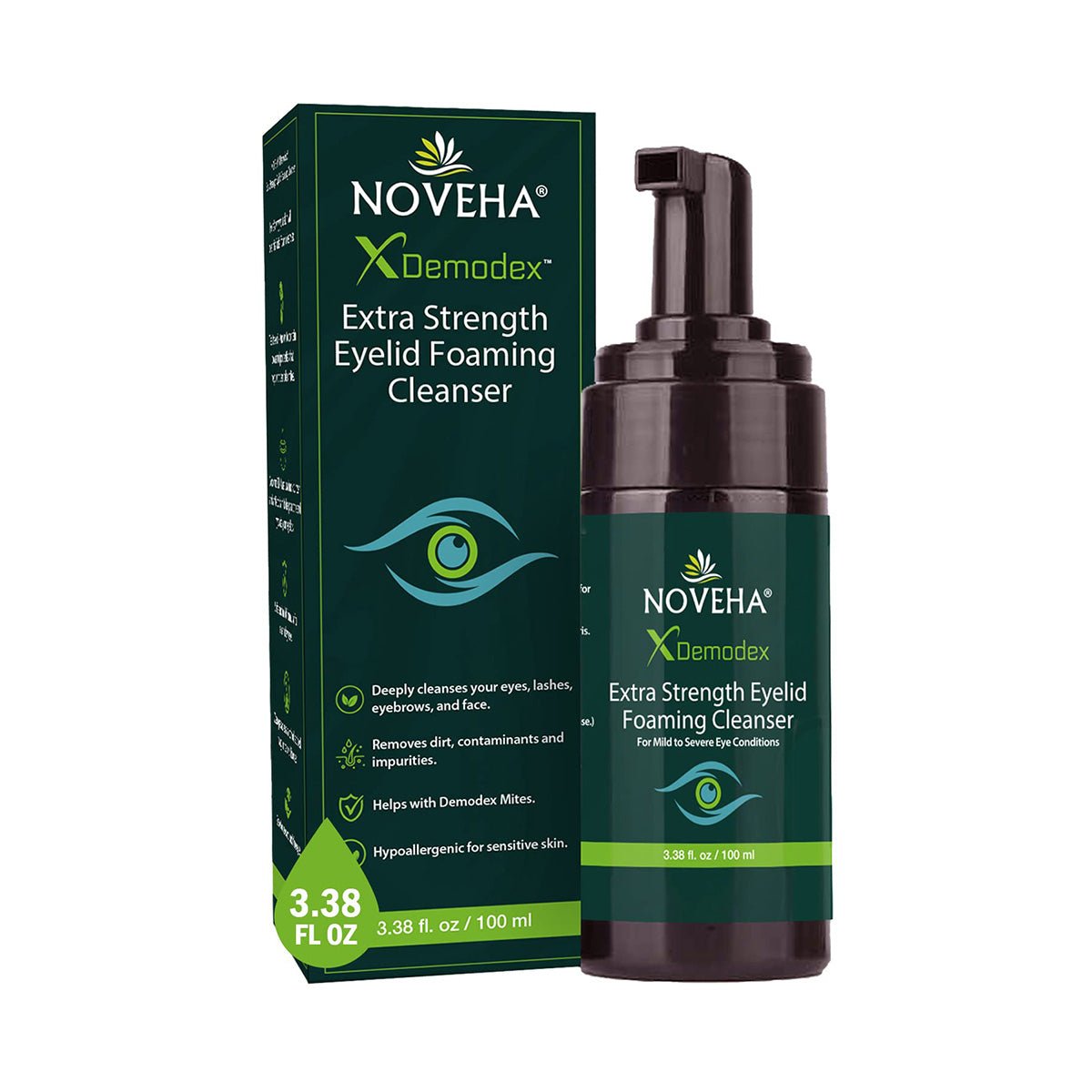 A green bottle and box of Noveha Demodex Eyelid Cleanser Foam, featuring a pump dispenser. Enriched with Tea Tree Oil, it removes dirt and impurities while being hypoallergenic. Contains 3.38 fl oz (100 ml).