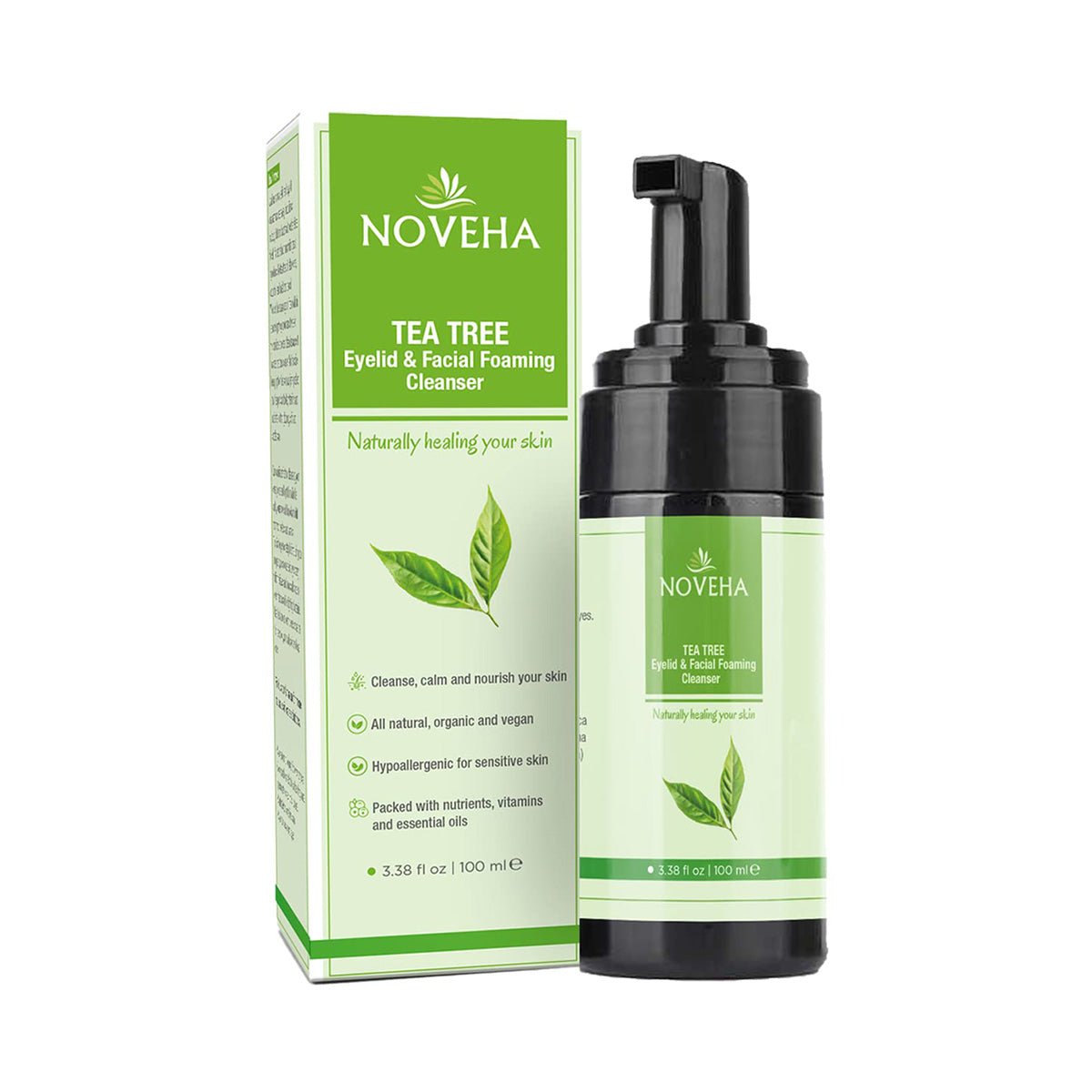 A green and white bottle of Noveha Tea Tree Oil Foaming Cleanser for Eyelids (100mL) with a pump stands next to its box featuring leaf designs, promoting natural, organic skincare.