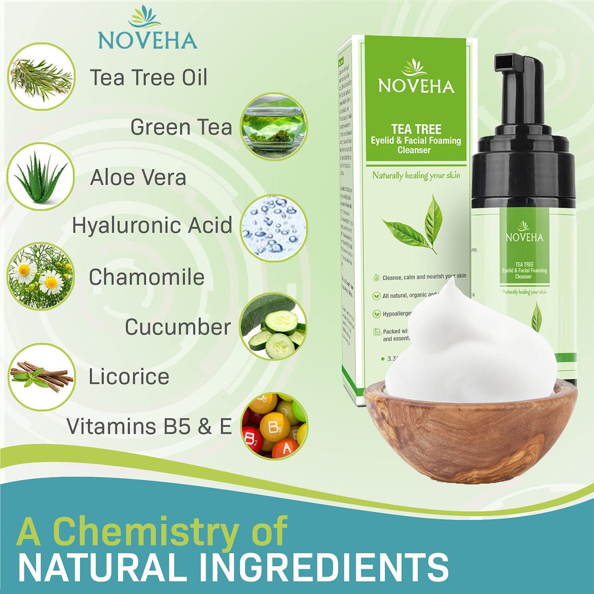 Ad image of Novehas Tea Tree Oil Foaming Cleanser for Eyelids (100mL). Includes natural ingredients: tea tree oil, green tea, aloe vera, hyaluronic acid, chamomile, cucumber, licorice & vitamins B5 & E. Text: A Chemistry of Natural Ingredients for Hypoallergenic Skin Care.