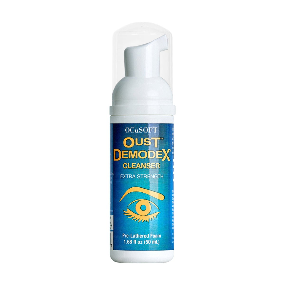 A bottle of OCuSOFT Oust Demodex Removal Cleanser Foam (50mL) labeled Extra Strength contains tea tree oil in a 1.68 fl oz pre-lathered foam, featuring a stylized eye graphic for eyelid irritation relief.