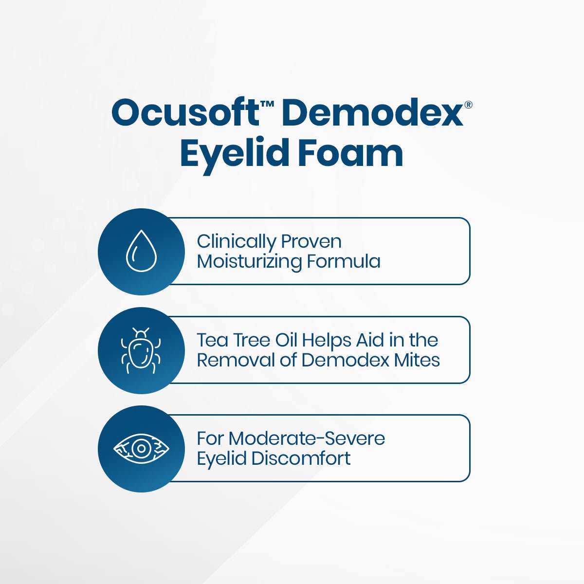 Image with text: OCuSOFT Oust Demodex Removal Cleanser Foam (50mL). Features: Clinically Proven Moisturizing Formula, Tea Tree Oil for Demodex Mites Removal, suitable for Moderate-Severe Eyelid Discomfort and Irritation Relief. Brand: OCuSOFT.