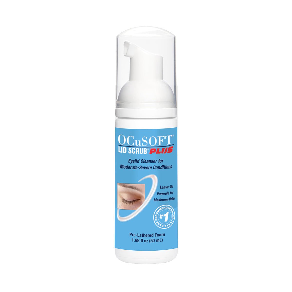 A 50mL bottle of OCuSOFT Lid Scrub PLUS Foaming Eyelid Cleanser, designed for moderate to severe Meibomian Gland Dysfunction and blepharitis relief, features an eye image and text highlighting its extra strength leave-on formula.