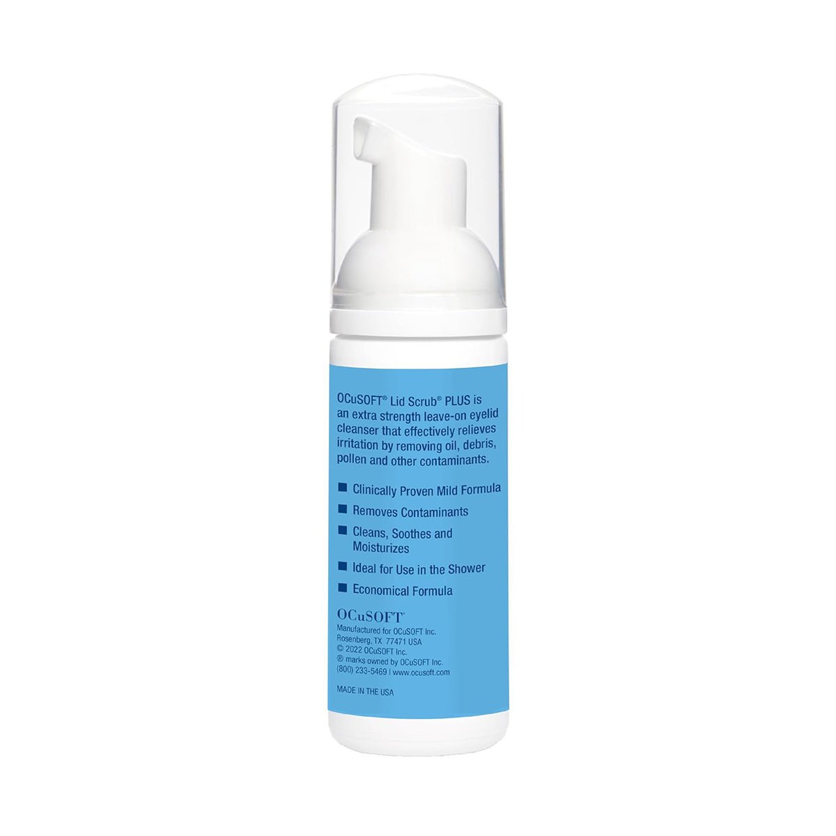 The OCuSOFT Lid Scrub PLUS Foaming Eyelid Cleanser (50mL) by OCuSOFT features an extra-strength formula that removes contaminants and moisturizes to relieve blepharitis symptoms. It is suitable for shower use and effective for Meibomian Gland Dysfunction. Made in the USA.