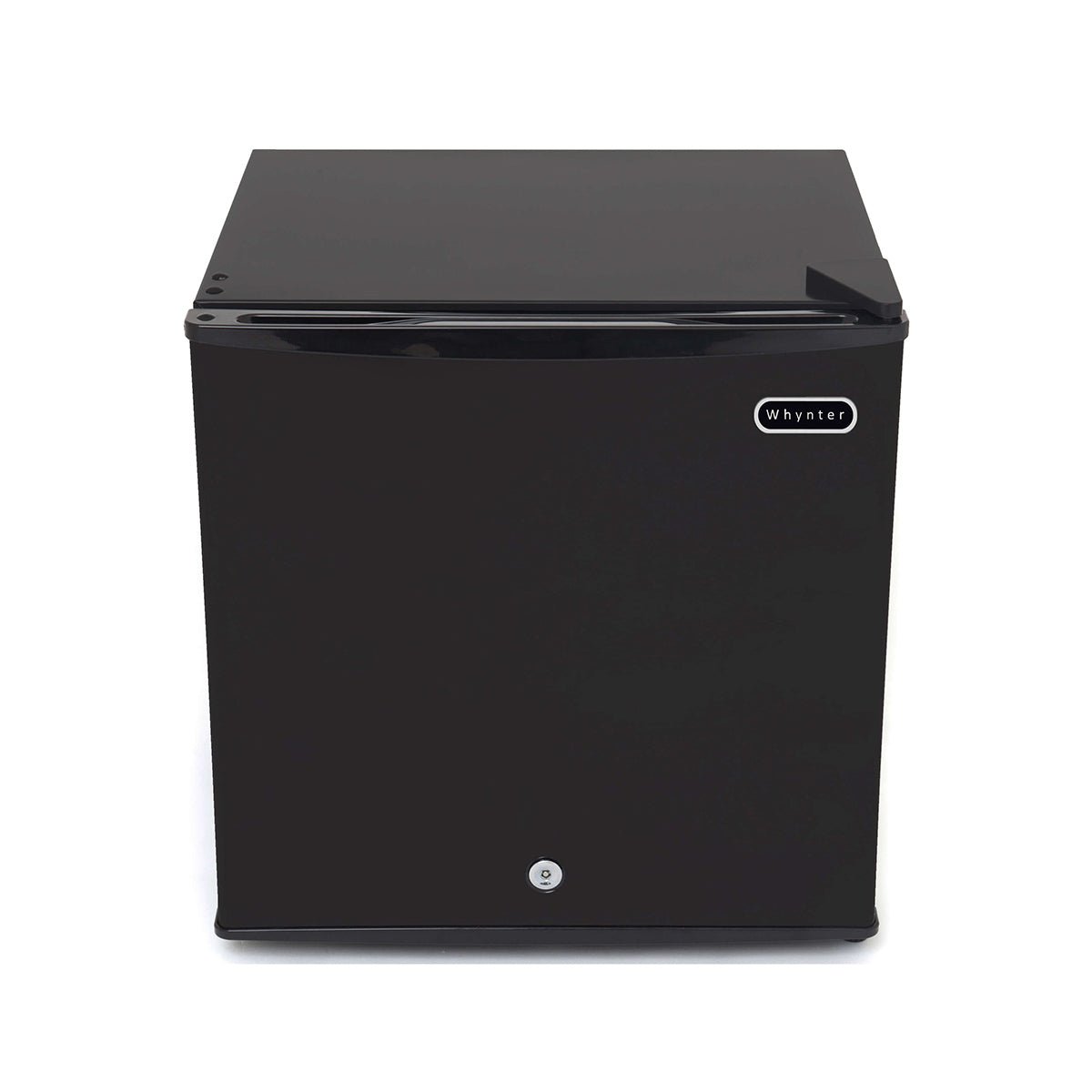 The BioTissue Whynter Black Upright Freezer offers a compact design with a seamless front door in sleek black stainless steel, accented by the logo in the top right corner, combining efficiency with style.
