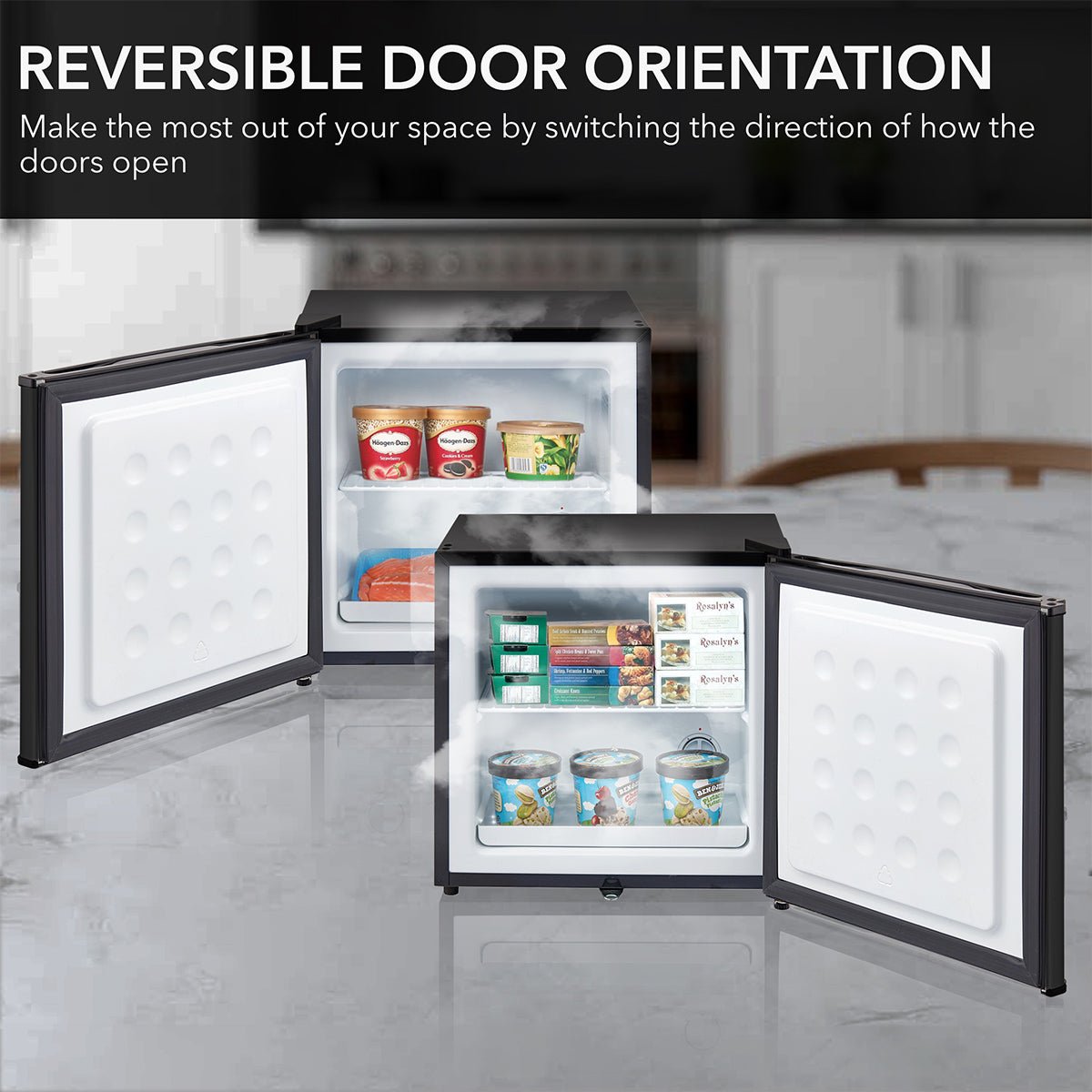 Two Whynter Black Stainless Steel Upright Freezers with locks and reversible door orientation sit on the kitchen counter. The doors open in opposite directions, and shelves are lined with ice cream tubs, showcasing the versatile benefits of their design.
