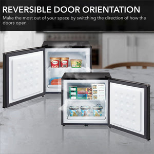 Two Whynter Black Stainless Steel Upright Freezers with locks and reversible door orientation sit on the kitchen counter. The doors open in opposite directions, and shelves are lined with ice cream tubs, showcasing the versatile benefits of their design.