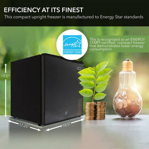 A Whynter Black Stainless Steel Upright Freezer with Lock (1.1 cubic feet) from BioTissue, measuring 19.5 H x 17.25 W x 18.5 D, is showcased beside a plant and coin-filled lightbulb, highlighting energy efficiency and compact design.