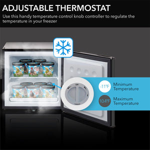 Image of a Whynter Black Stainless Steel Upright Freezer by BioTissue, filled with ice cream tubs and showing an adjustable thermostat knob. Text highlights the -11°F to 104°F temperature range, emphasized by a snowflake icon.