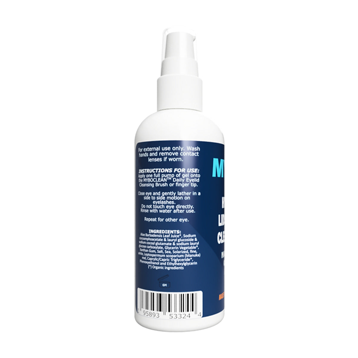 A white plastic bottle with a pump displays a calming blue and white label for MyboClean Hydrating Lids and Lash Cleansing Gel. English instructions highlight its ingredients, emphasizing optimal eye care through effective eyelid hygiene.