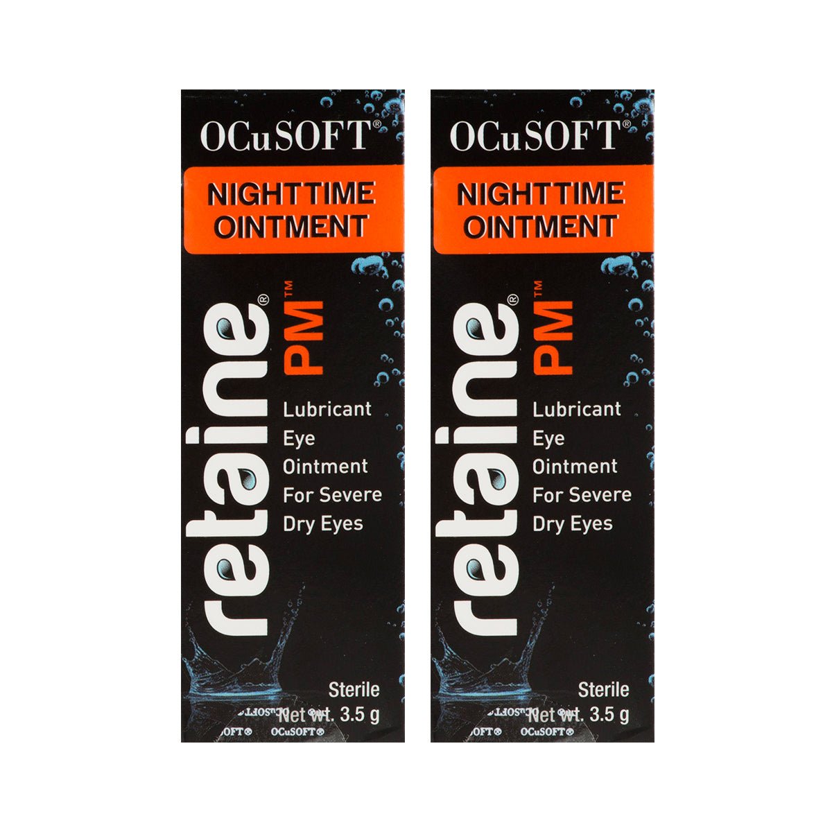 Two 5g tubes of OcuSoft Retaine PM Nighttime Ointment are displayed. The black packaging with orange and white text emphasizes its preservative-free formula, offering overnight relief for severe dry eyes.