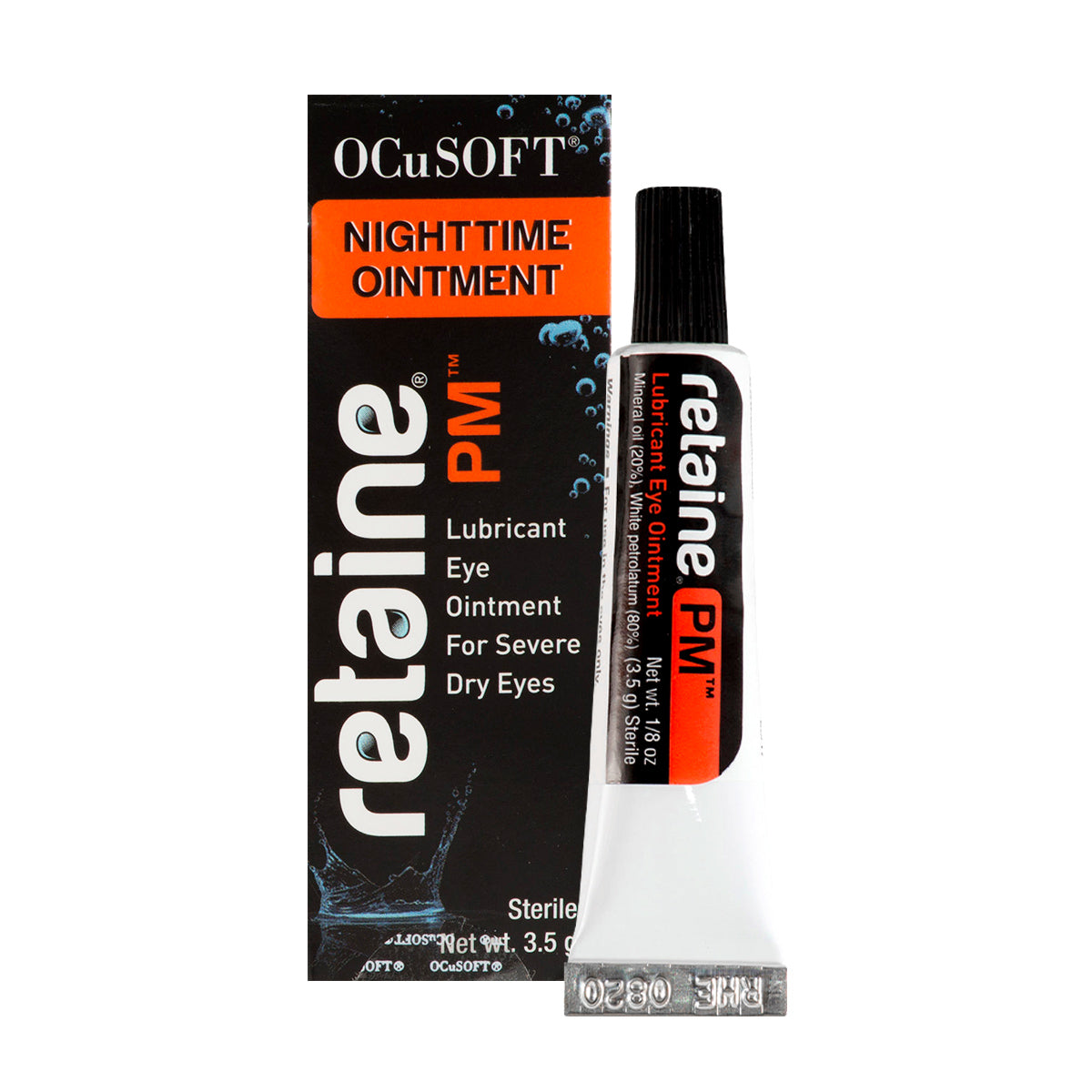 The 5g Ocusoft Retaine PM Nighttime Ointment by OCuSOFT, in its orange and white packaging, offers preservative-free relief for nighttime dry eyes. The box includes drug facts, ingredients, uses, warnings, and application directions.