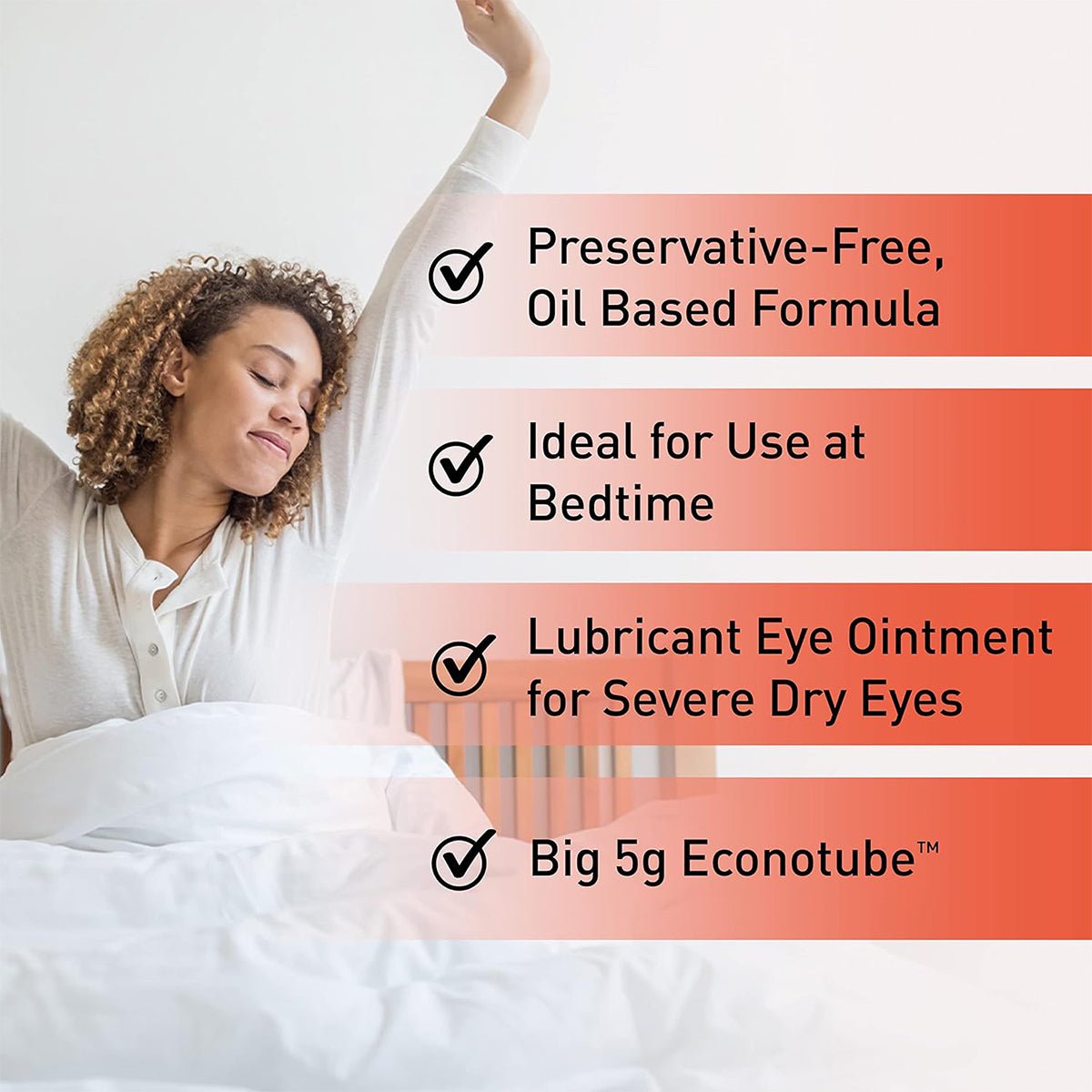 A person stretches in bed beside the text: OcuSoft Retaine PM offers preservative-free, oil-based relief for severe dry eyes, Ideal for bedtime use, this lubricant ointment provides overnight care, available in a big 5g econotube. Economy size comes as a 2-pack (2 x 5g tubes).