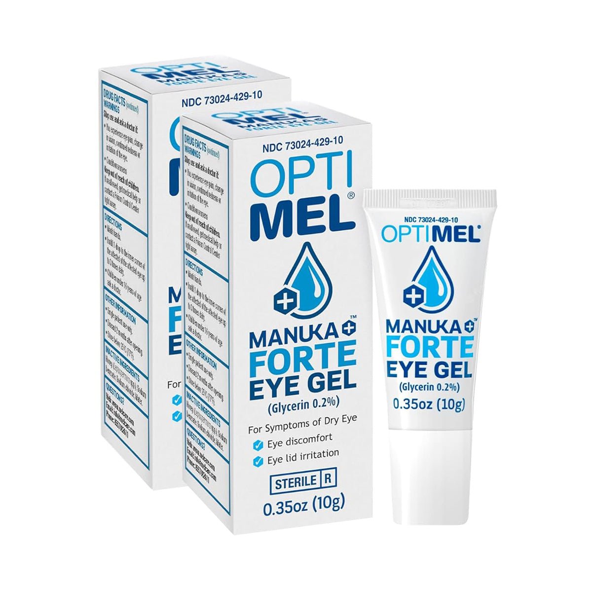 Displayed are two boxes and a tube of Melcares OptiMel 2-pack Manuka Forte Eye Gel Ointment, a preservative-free dry eye relief solution enriched with Manuka honey. The predominantly white packaging features blue text and graphics. Each 0.35 oz (10g) tube targets discomfort and irritation symptoms.