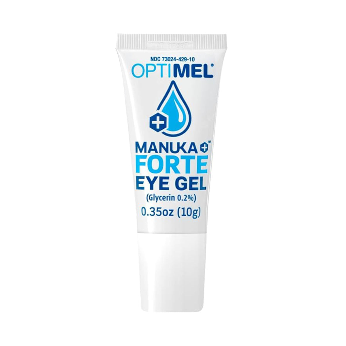 The OptiMel Manuka Forte Eye Gel Ointment by Melcare is shown beside its box. This 0.35 oz (10g) tube, infused with Manuka honey and glycerin 0.2%, relieves dry eyes and soothes eyelid irritation, addressing tear film instability with a stylish blue and black label on a white background.