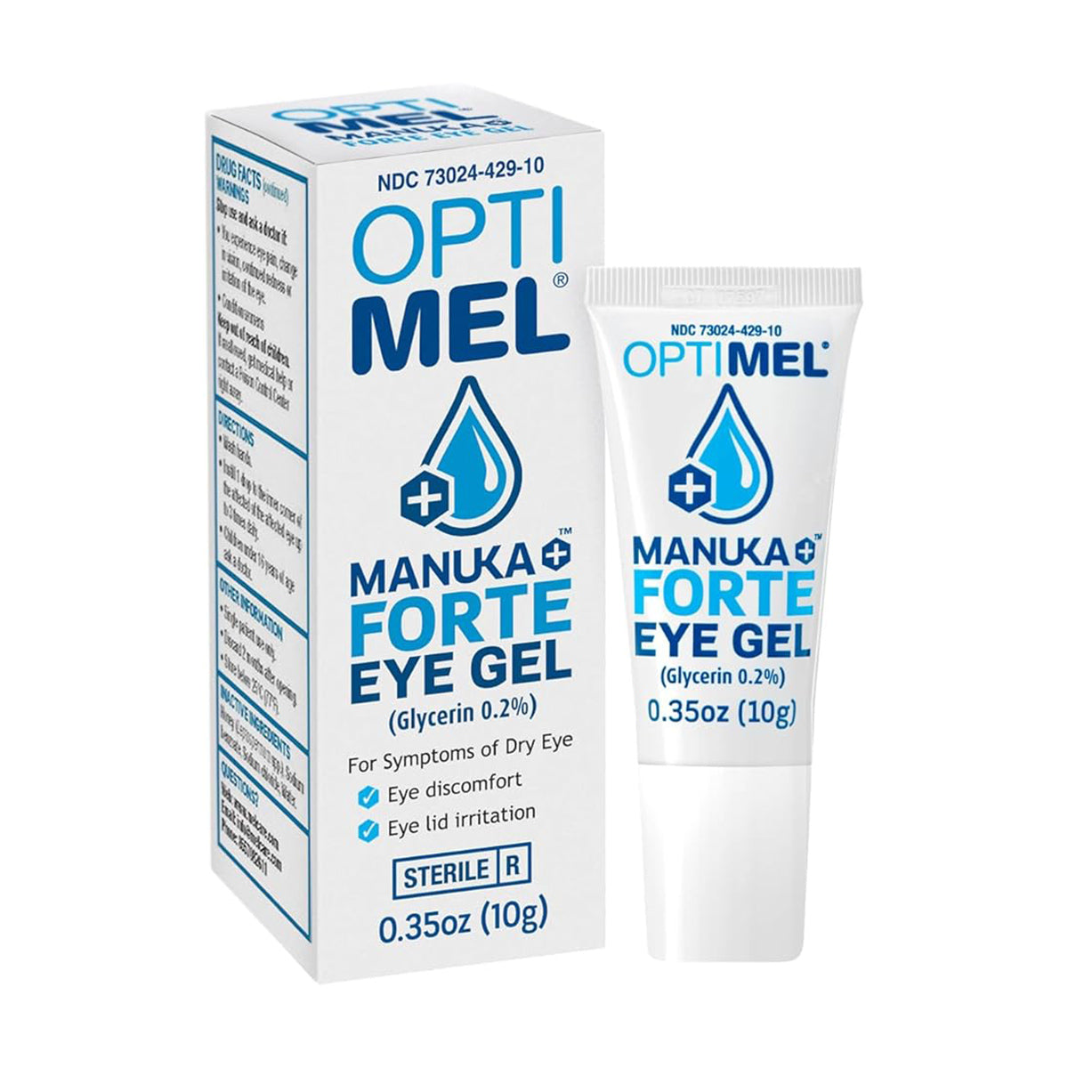 The Melcare OptiMel Manuka Forte Eye Gel Ointment (0.35 oz/10g tube) contains Manuka honey for dry eye relief. The box provides drug facts, uses like tear film instability, and warnings to use externally only and consult a doctor if symptoms persist.