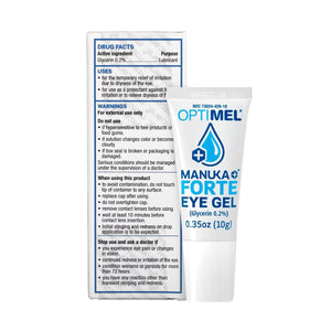 The Melcare OptiMel Manuka Forte Eye Gel Ointment (0.35 oz/10g tube) contains Manuka honey for dry eye relief. The box provides drug facts, uses like tear film instability, and warnings to use externally only and consult a doctor if symptoms persist.