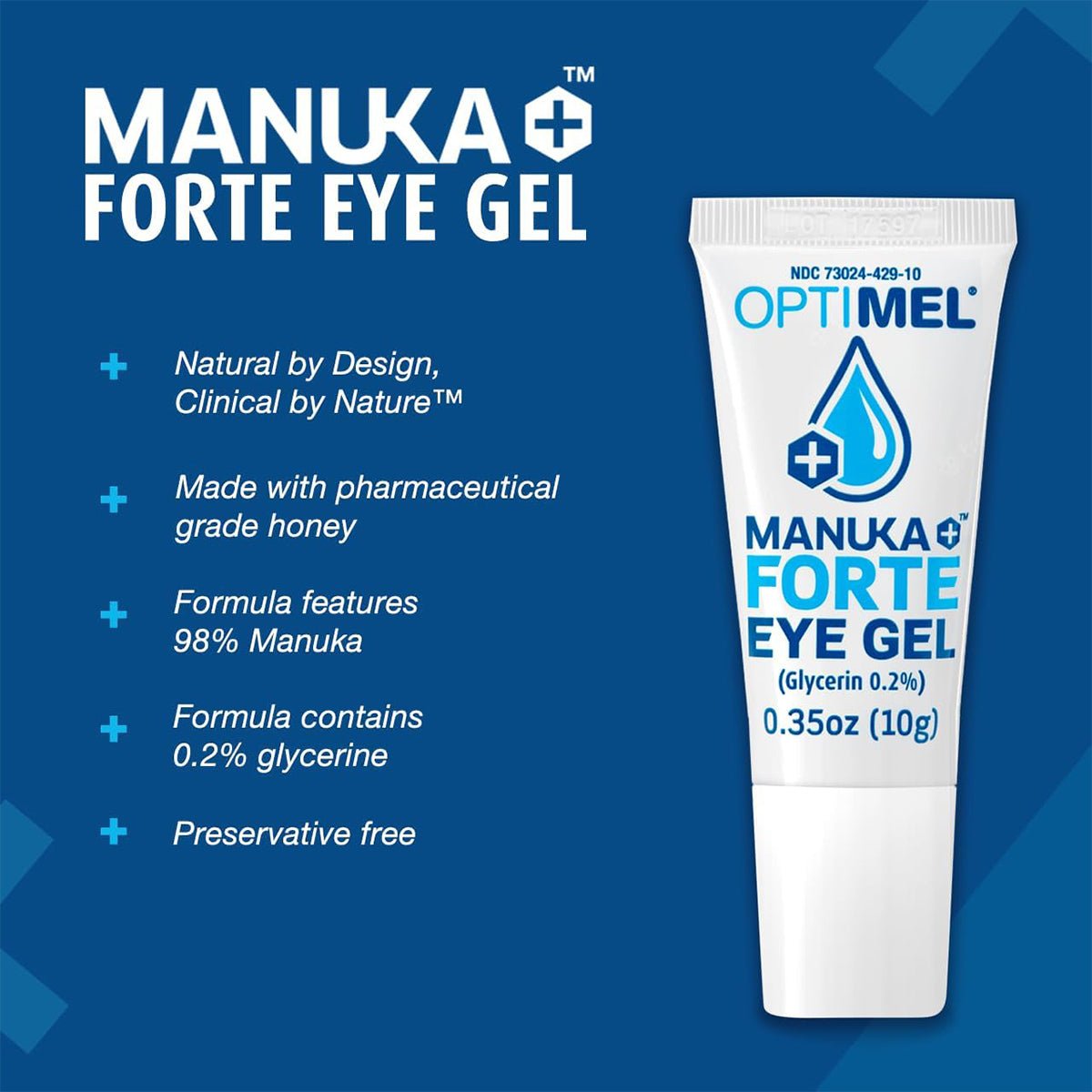 The image shows a tube of Melcares OptiMel 2-pack Manuka Forte Eye Gel Ointment, highlighting its 98% Manuka honey, 0.2% glycerin, and preservative-free formula for soothing dry eye relief, showcased against a stylish blue background with text and plus symbol pattern.