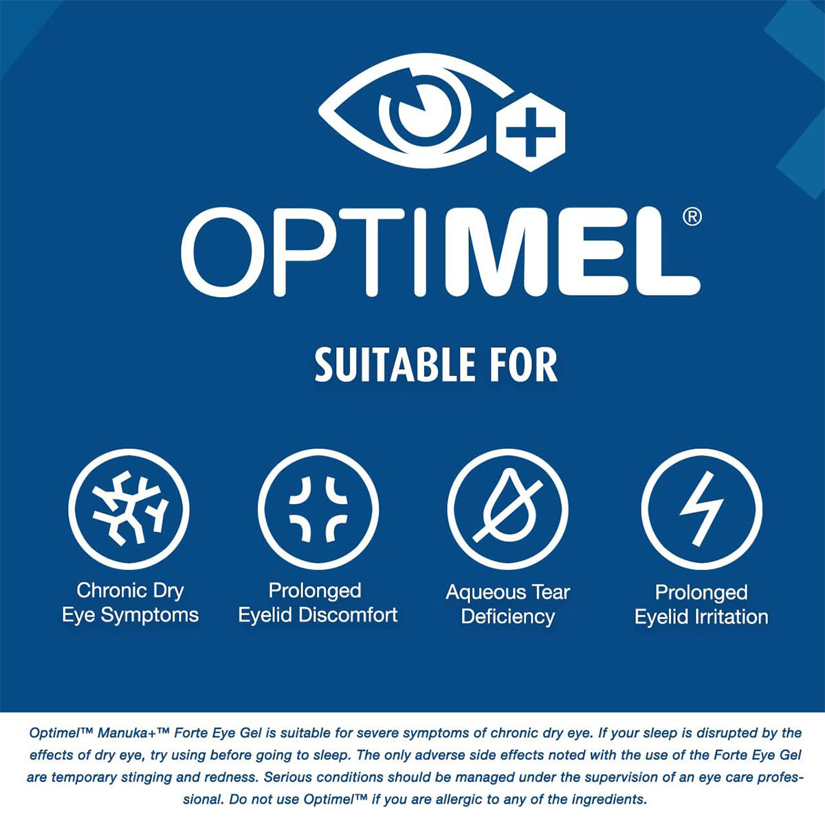 The image features the OptiMel Manuka Forte Eye Gel Ointment by Melcare, containing Manuka honey, perfect for chronic dry eye relief, prolonged eyelid discomfort, irritation, and tear film instability. A disclaimer advises consulting an eye care professional before use.
