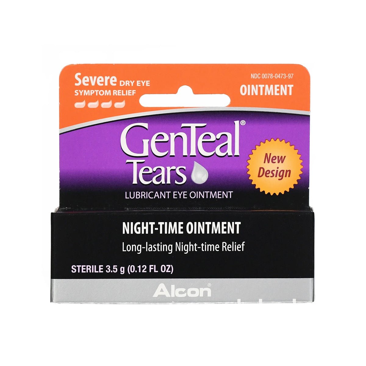 The Alcon GenTeal Tears Night-Time Ointment for Severe Dry Eye Relief features a sleek new purple and orange design with a New Design label. Each 3.5g (0.12 fl oz) box offers long-lasting, soothing relief for nighttime use.