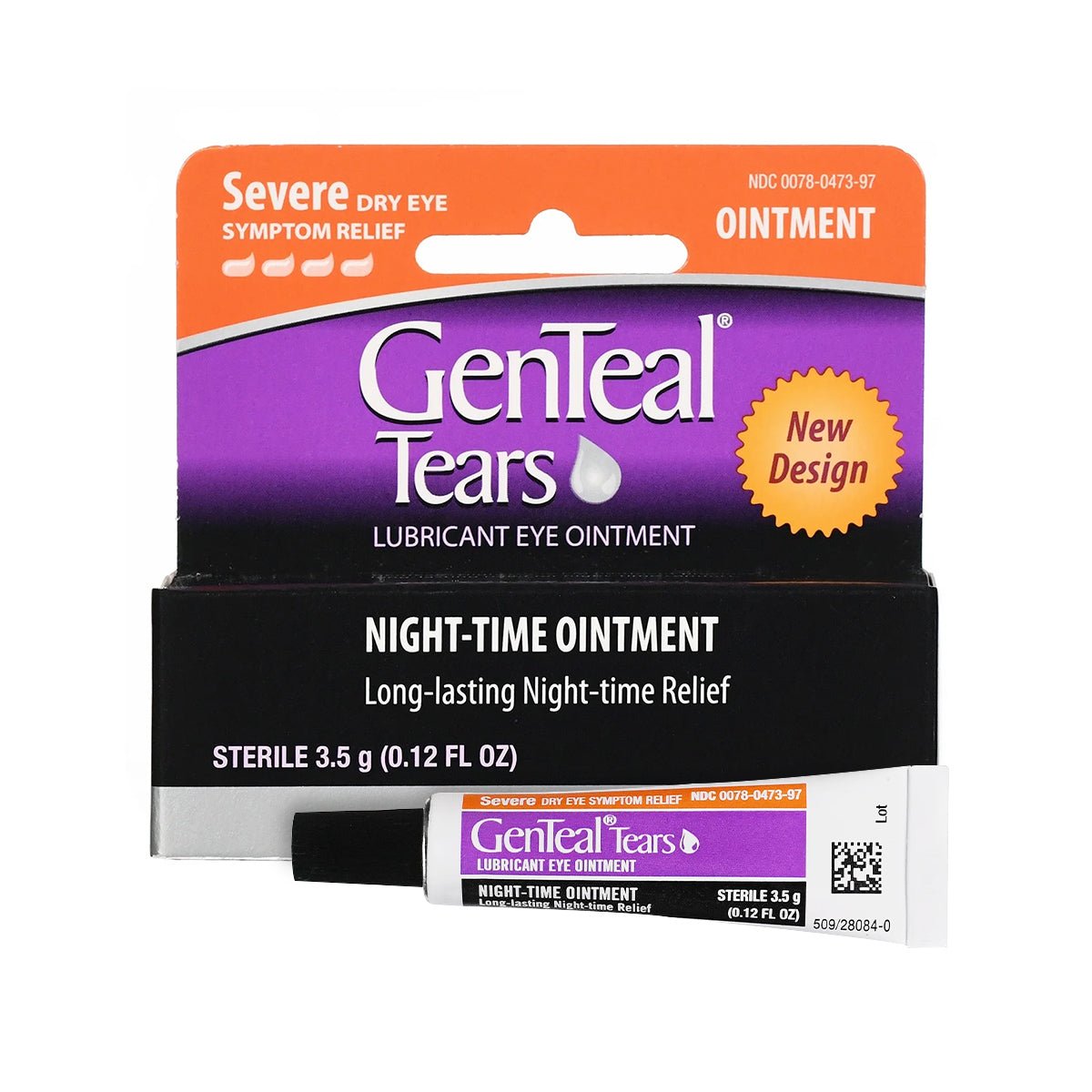 Alcons GenTeal Tears Night-Time Ointment for severe dry eye symptoms comes in a 3.5g tube within a newly designed purple box, highlighting its sterile nighttime relief feature.