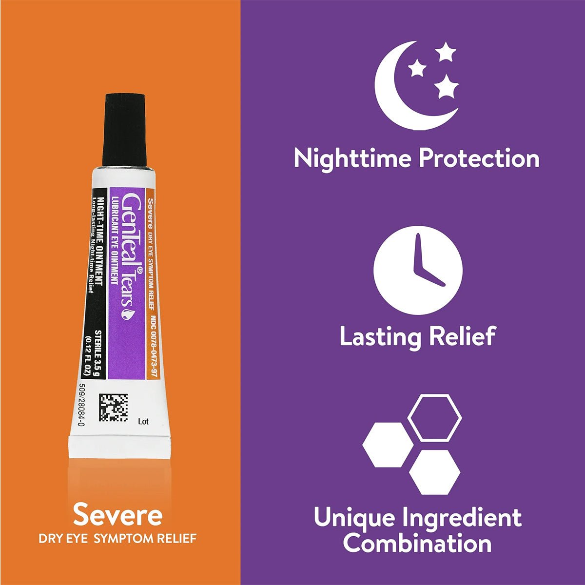 An image shows a 3.5g tube of Alcons GenTeal Tears Night-Time Ointment against an orange background. Purple icons highlight Nighttime Protection, Lasting Relief, and a Unique Ingredient Combination for effective soothing of severe dry eye symptoms.