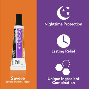 An image shows a 3.5g tube of Alcons GenTeal Tears Night-Time Ointment against an orange background. Purple icons highlight Nighttime Protection, Lasting Relief, and a Unique Ingredient Combination for effective soothing of severe dry eye symptoms.