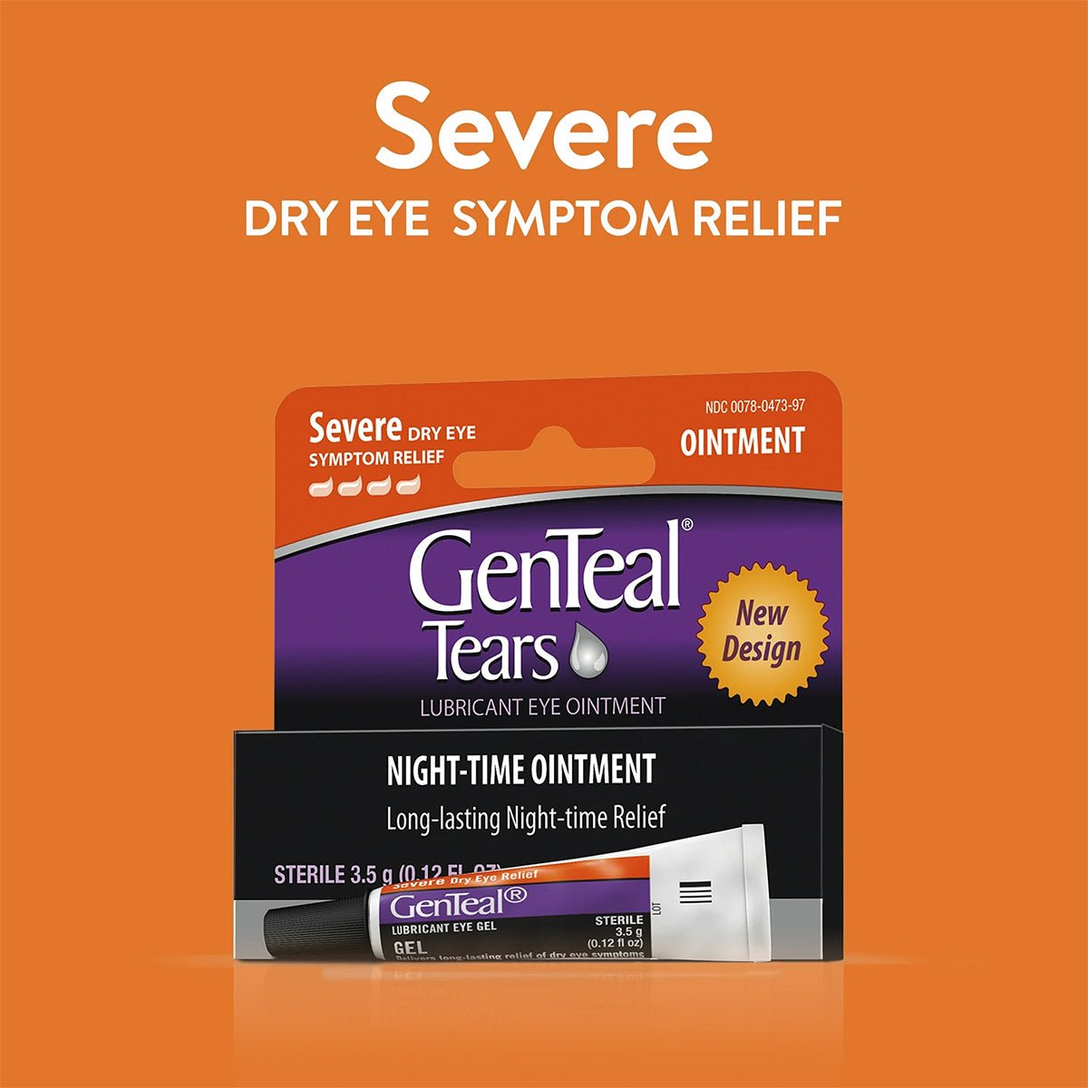The Alcon GenTeal Tears Night-Time Ointment provides severe dry eye symptom relief. Its 3.5g tube is labeled Night-time ointment on an orange backdrop, with white text stating Severe DRY EYE SYMPTOM RELIEF.