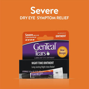 The Alcon GenTeal Tears Night-Time Ointment provides severe dry eye symptom relief. Its 3.5g tube is labeled Night-time ointment on an orange backdrop, with white text stating Severe DRY EYE SYMPTOM RELIEF.