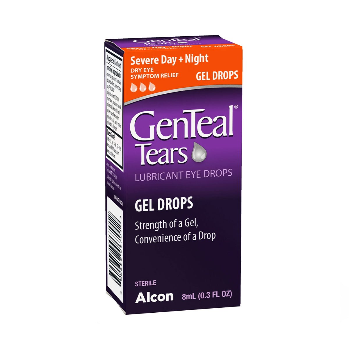 GenTeal Tears Lubricant Gel Eye Drops by Alcon promise severe dry eye relief with a gel formula, packaged in dark purple with orange highlights, offering the Strength of a Gel, Convenience of a Drop, in an 8 mL (0.3 FL OZ) bottle.