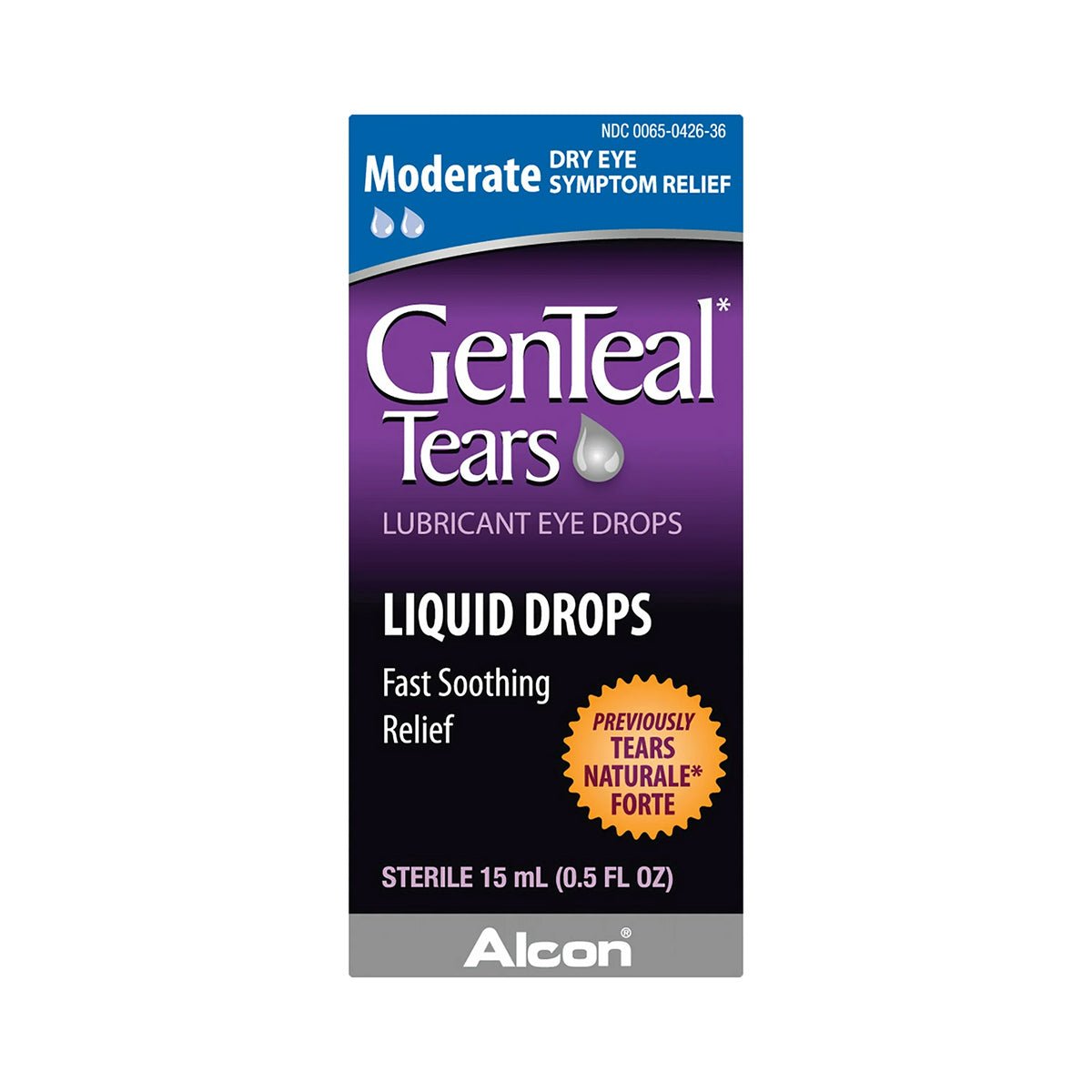 The GenTeal Liquid Drops 15mL by Alcon features a purple and blue box design, highlights Moderate Dry Eye Symptom Relief and Fast Soothing Relief, providing comfort for dry eyes.