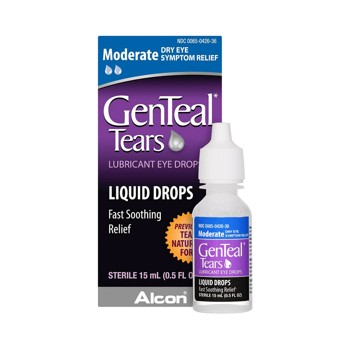 Image displays a box and bottle of GenTeal Liquid Drops 15mL by Alcon, ideal for dry eyes. The packaging highlights Moderate Dry Eye Symptom Relief and Fast Soothing Relief. This 15 mL (0.5 FL OZ) bottle provides comforting liquid drops, a perfect companion to GenTeal Gel.