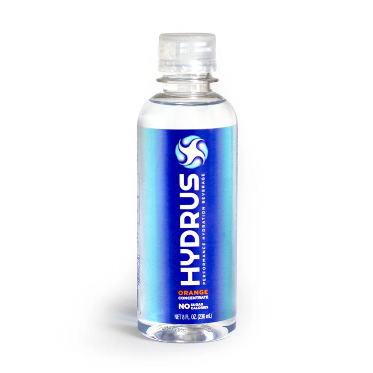 A clear Hydrus Performance plastic bottle showcases a blue label with white text and a circular logo. It contains an 8 fl oz orange concentrate featuring sugar-free hydration via Nanosome™ Technology, offering eye health support and whole-body hydration in 24 servings.