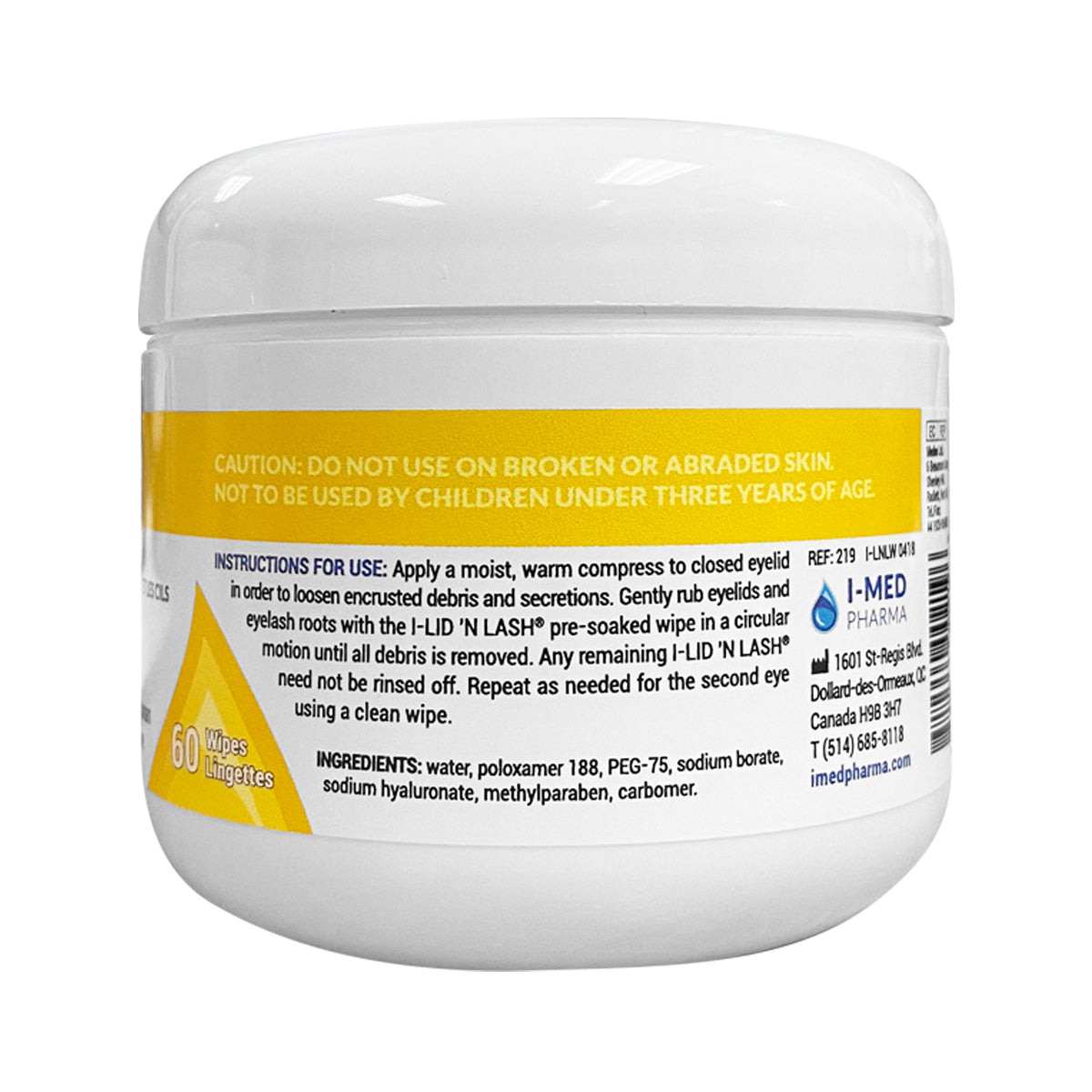 A jar of I-Med Pharmas I-LID ’N LASH® Wipes includes 60 hypoallergenic wipes for eyelid and lash cleansing. Not for use on broken skin or kids under three. Ingredients: water, poloxamer 188, PEG-75, sodium borate, etc. Perfect for sensitive skin with usage instructions on label.