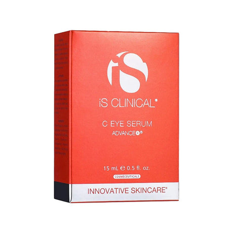 The iS Clinical C Eye Serum Advance+ provides age-defying and hydrating benefits in a 15ml (0.5 fl. oz.) red and white rectangular box, featuring Innovative Skincare and Cosmeceuticals labels for an antioxidant-rich, anti-aging boost with Vitamin C.