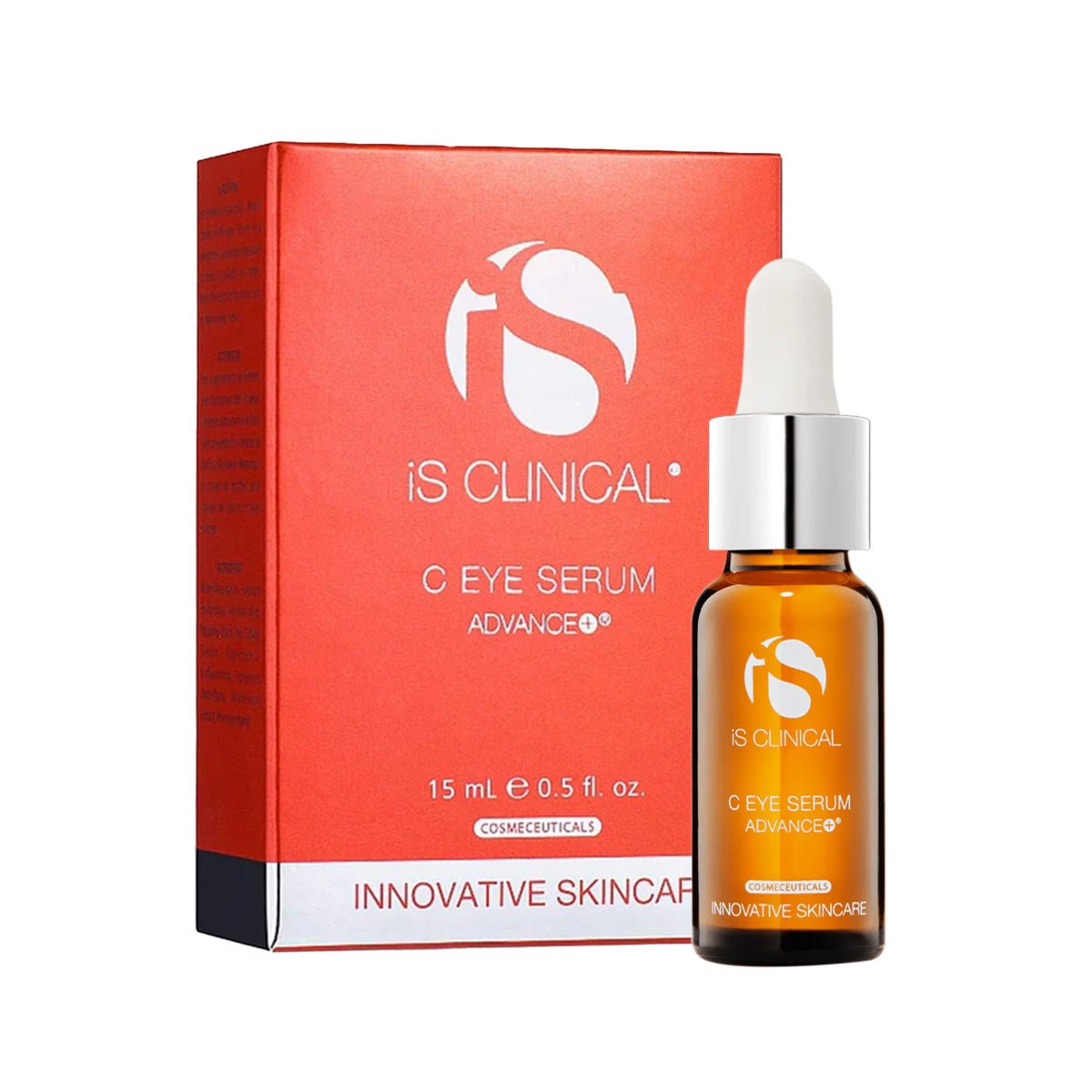 The iS Clinical C Eye Serum Advance+ for Age-Defying and Hydrating skin (15mL 0.5 fl.oz.) provides potent antioxidant protection and anti-aging benefits. It includes a dropper lid and is showcased in vibrant red and black packaging with detailed labeling. Button text: INNOVATIVE SKINCARE.