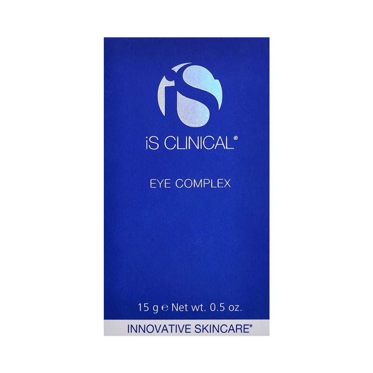 A blue box with silver lettering displays iS Clinical Eye Complex 15g (0.5 oz) targeting under-eye puffiness, with Innovative Skincare at the bottom.