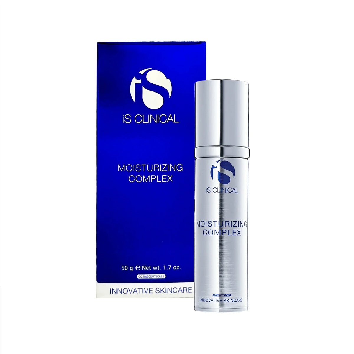 A bottle of iS Clinical Moisturizing Complex for Face and Neck (1.7oz) stands in front of its blue and white box, featuring a silver bottle with a clear cap, brand logo, and product details.