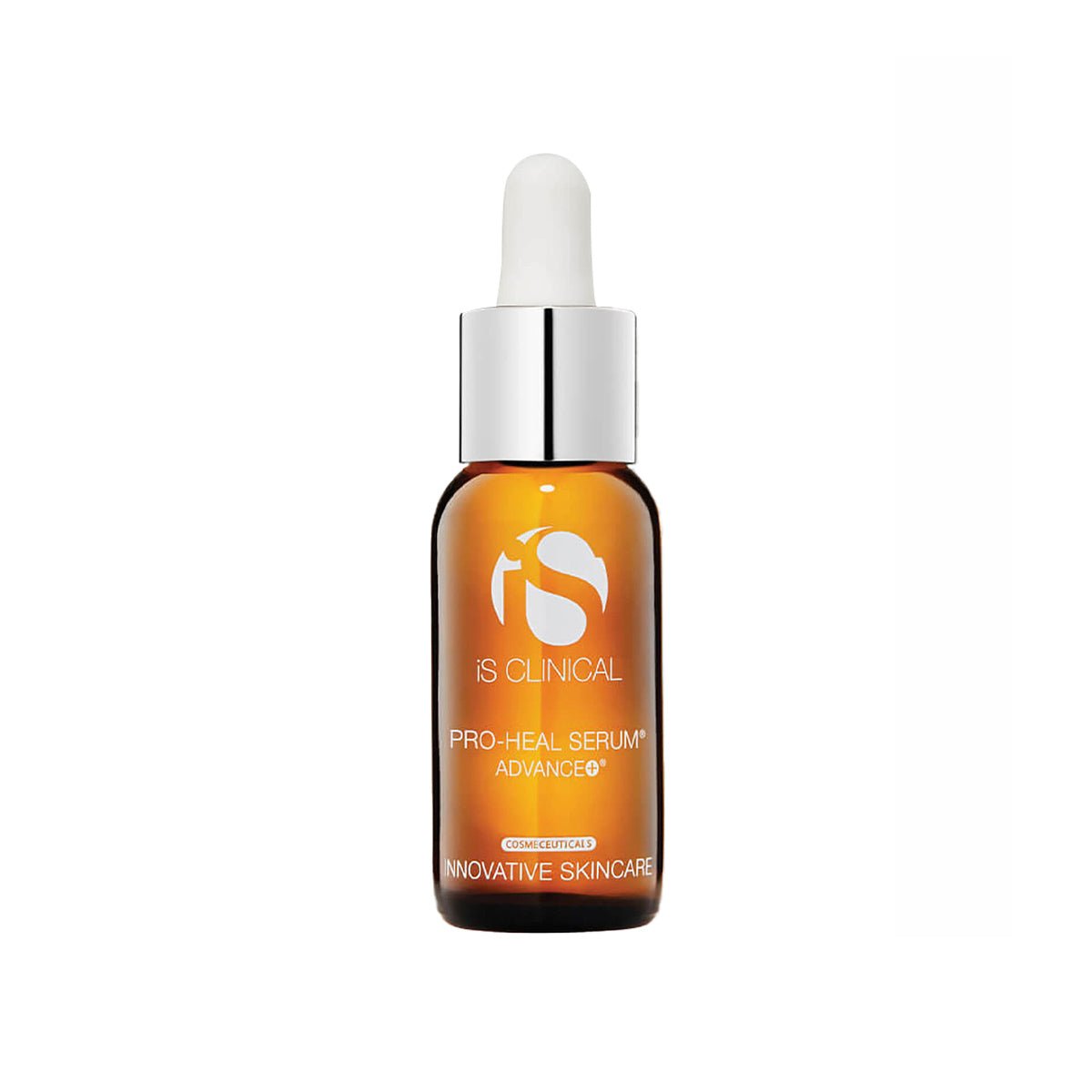 An amber glass dropper bottle with a silver cap, labeled iS Clinical Pro-Heal Serum Advance+ (15mL), sits on a white background. Featuring Innovative Skincare, it highlights Vitamin C serum benefits and antioxidant protection for sensitive skin.