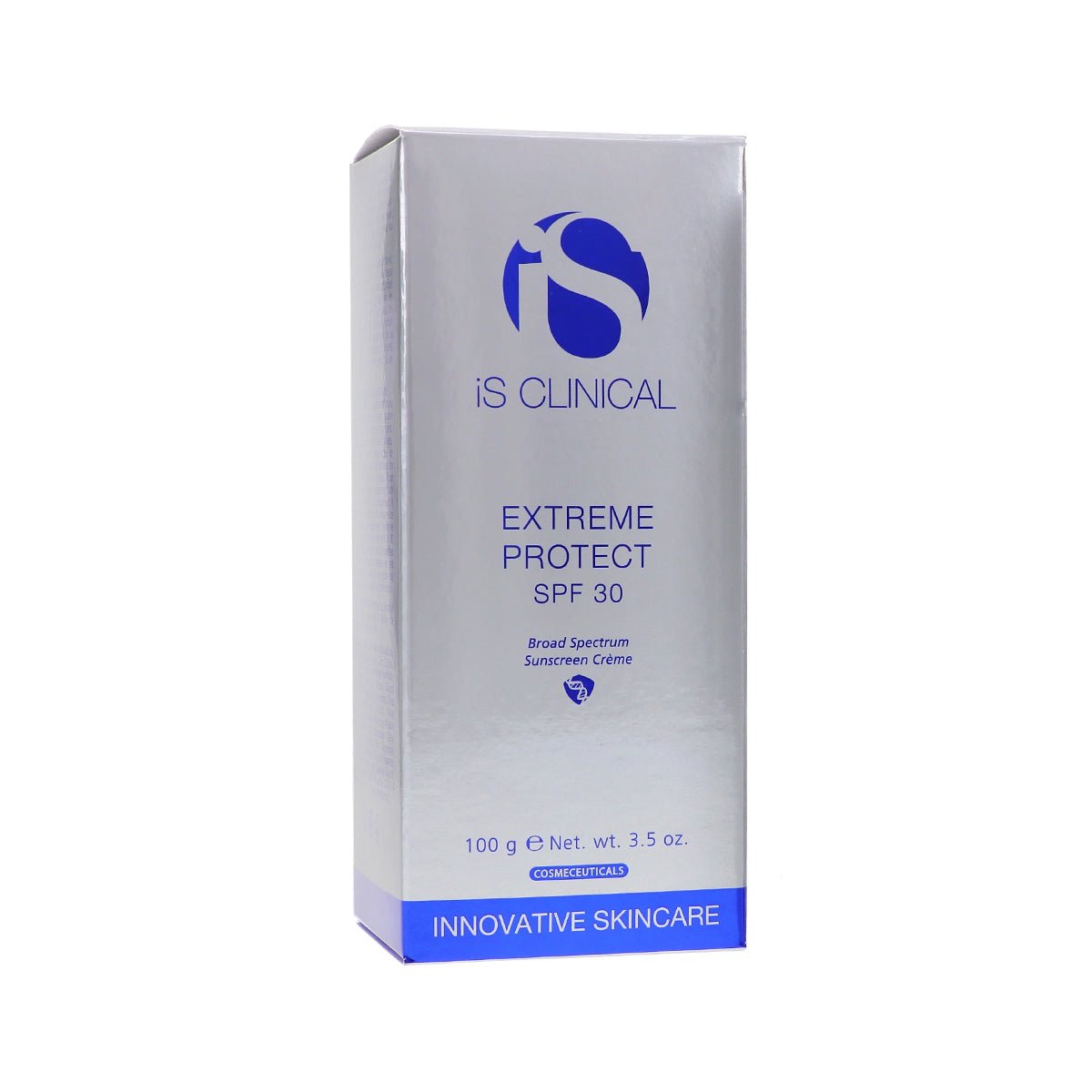 The iS Clinical Extreme Protect SPF 30 Sunscreen, in a silver box with blue text and logo, offers broad-spectrum protection featuring Innovative Skincare. Net weight: 100g or 3.5 oz.