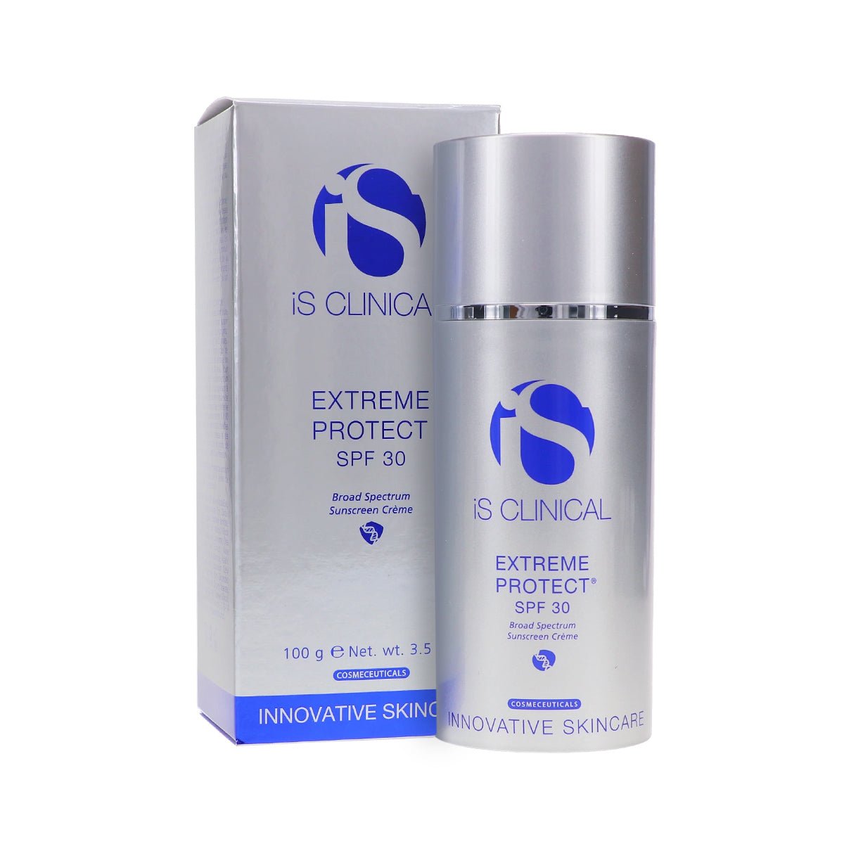 A silver bottle of iS Clinical Extreme Protect SPF 30 Sunscreen (100g or 3.5oz) stands in front of its matching box, displaying the logo and product details in blue. The packaging highlights broad spectrum protection and commitment to innovative skincare.